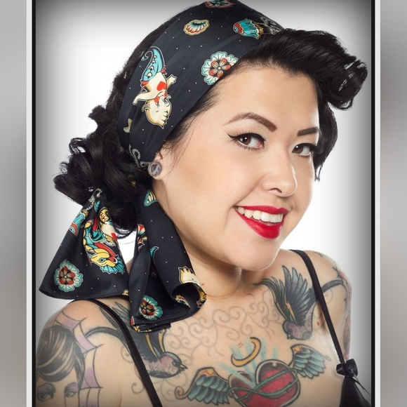 🍒"Bad Gal" Sourpuss Cherry Print Scarf Oblong Retro Style 44" x 16" - Picture 5 of 7